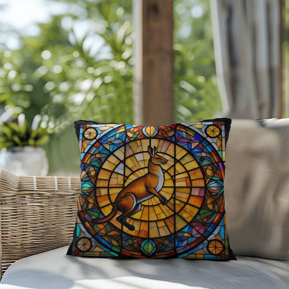 Kangaroo stained glass throw pillow, wildlife animal home decor, indoor outdoor accent pillow
