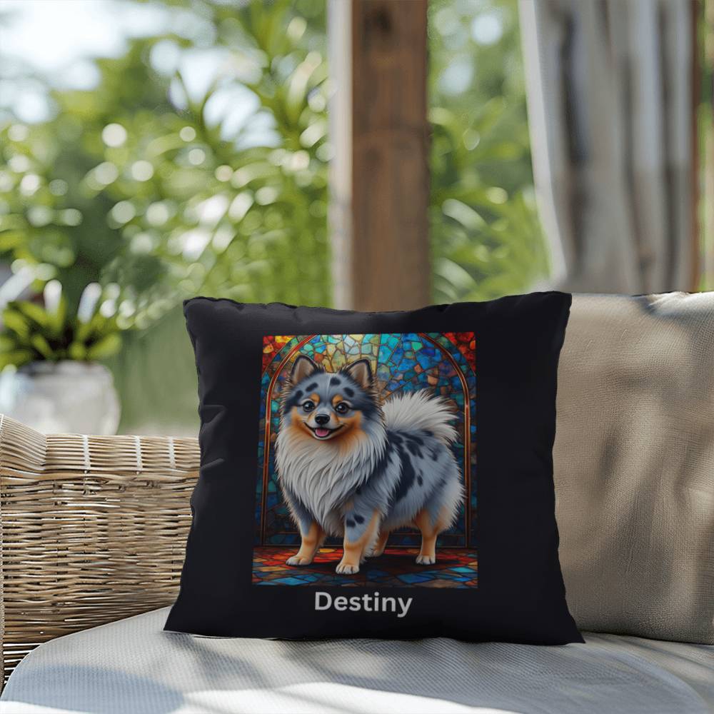 Pomeranian (Blue Merle) Indoor/Outdoor Pillow - Personalized Stained Glass Dog Tribute & Comfort Gift
