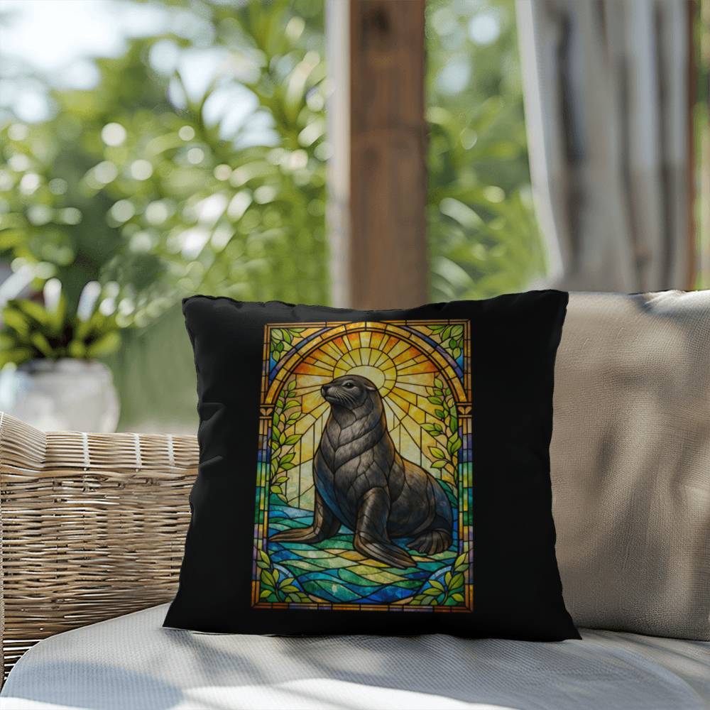 Shop our premium sea lion stained glass style throw pillow from MySisterIsASurvivor.