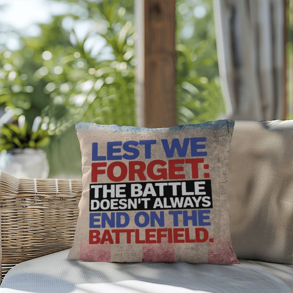 Lest We Forget custom military remembrance pillow for PTSD support, Memorial Day tribute, and honoring veteran service