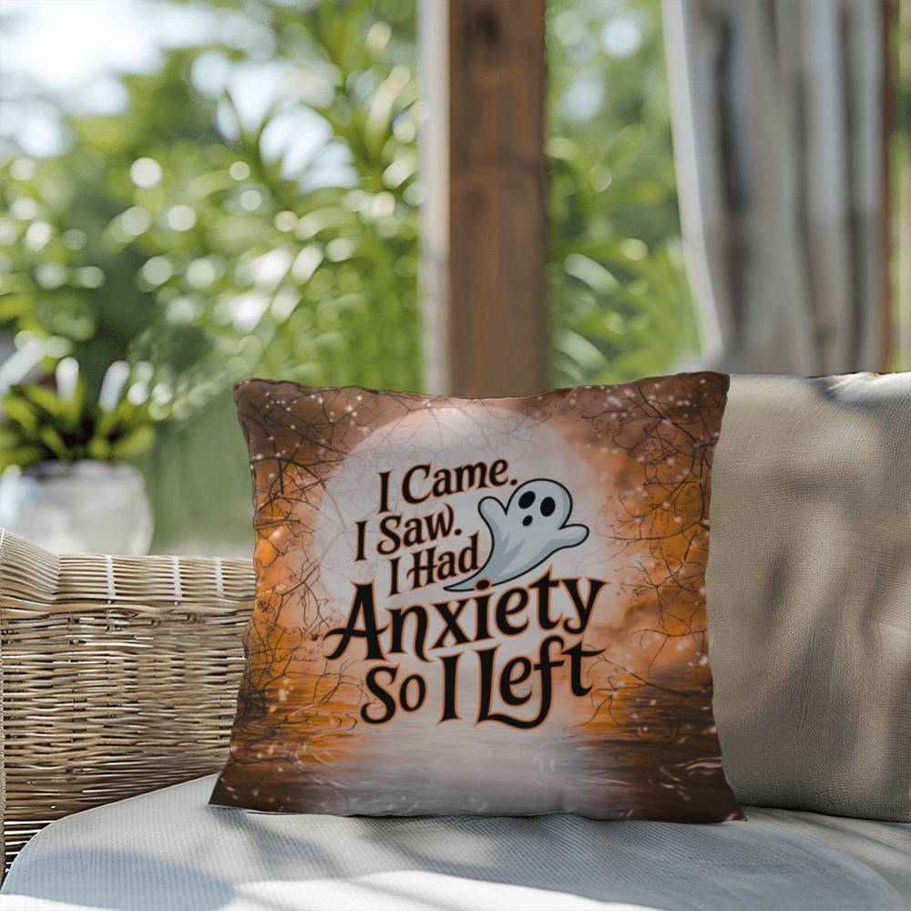 Funny Halloween indoor/outdoor pillow with “I Came. I Saw. I Left.” for seasonal humor