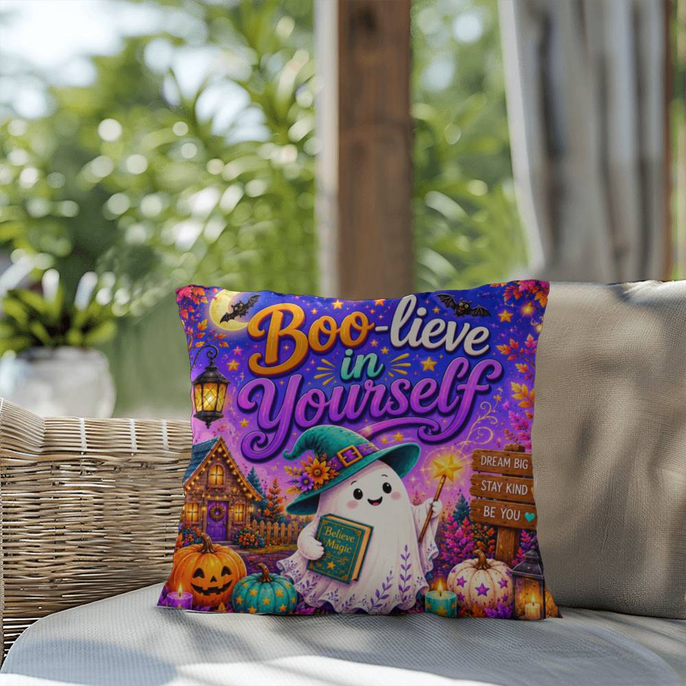 Boo-lieve In Yourself message with friendly ghost illustration on an encouraging Halloween throw pillow