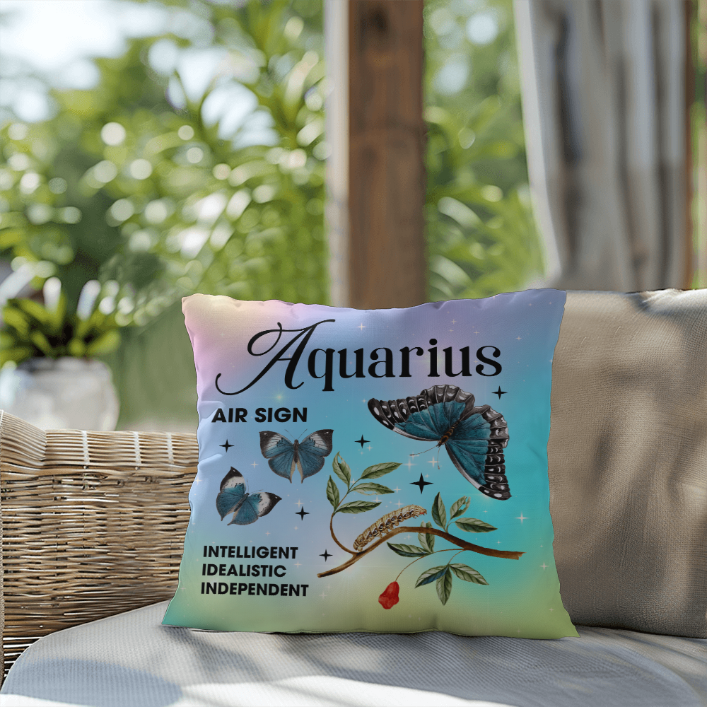 Aquarius Butterfly Indoor/Outdoor Pillow – Zodiac Astrology Decor, Boho Accent for Home & Patio