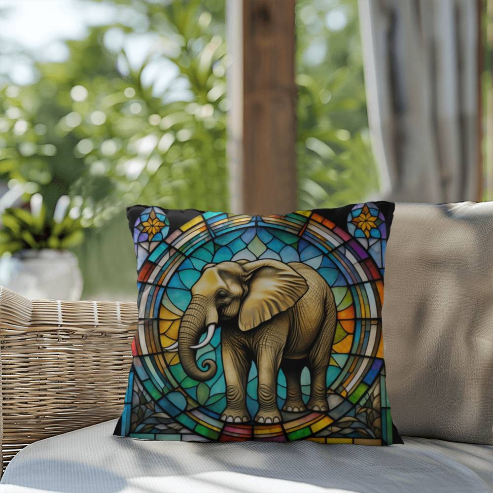 Elephant stained glass throw pillow, safari wildlife home decor, indoor outdoor accent cushion