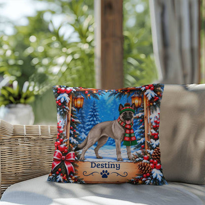 Belgian Malinois (Gray Coat) - Personalized Winter Forest Pillow, Indoor Outdoor Dog Name Gift