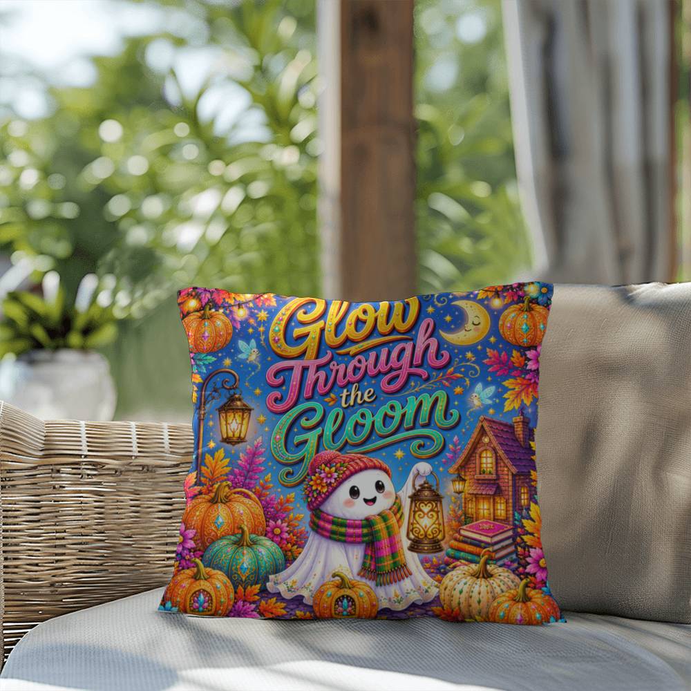 Glow Through The Gloom quote with ghost lantern artwork on an encouraging Halloween throw pillow
