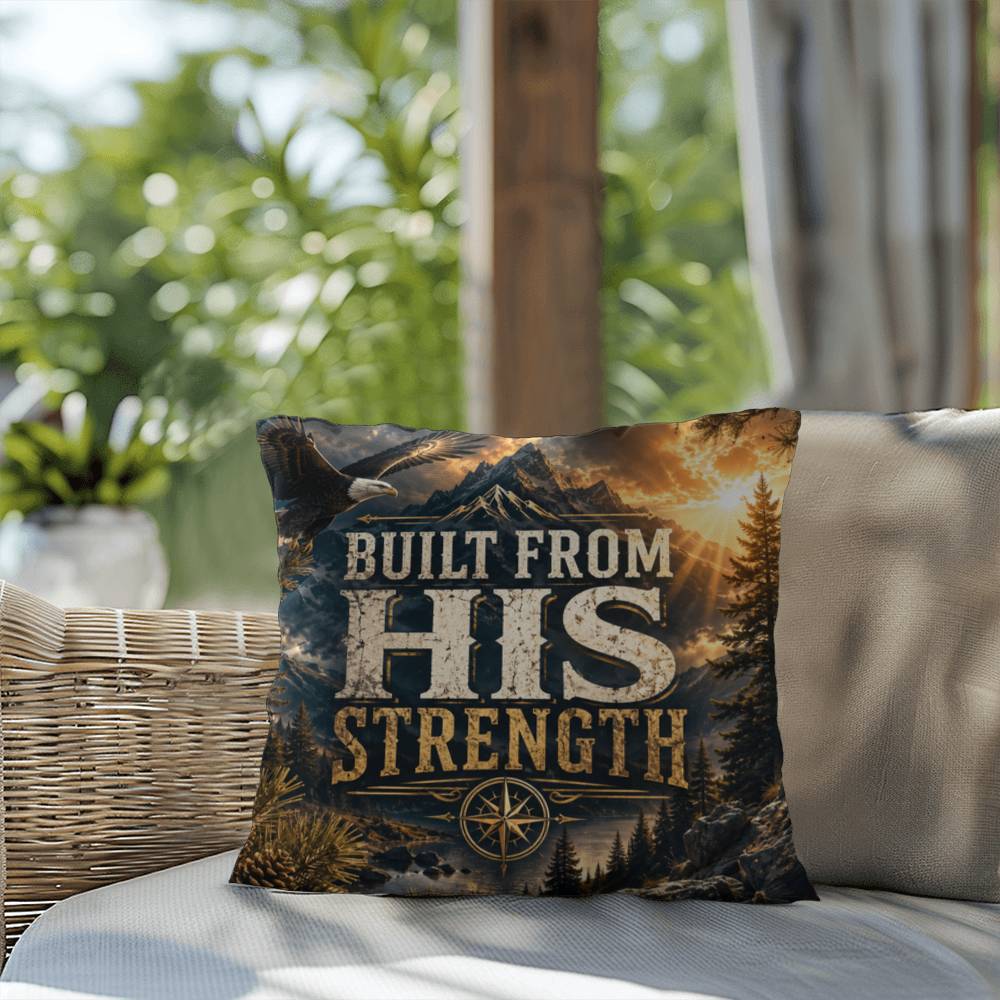 Shop our premium built from his strength throw pillow from MySisterIsASurvivor.