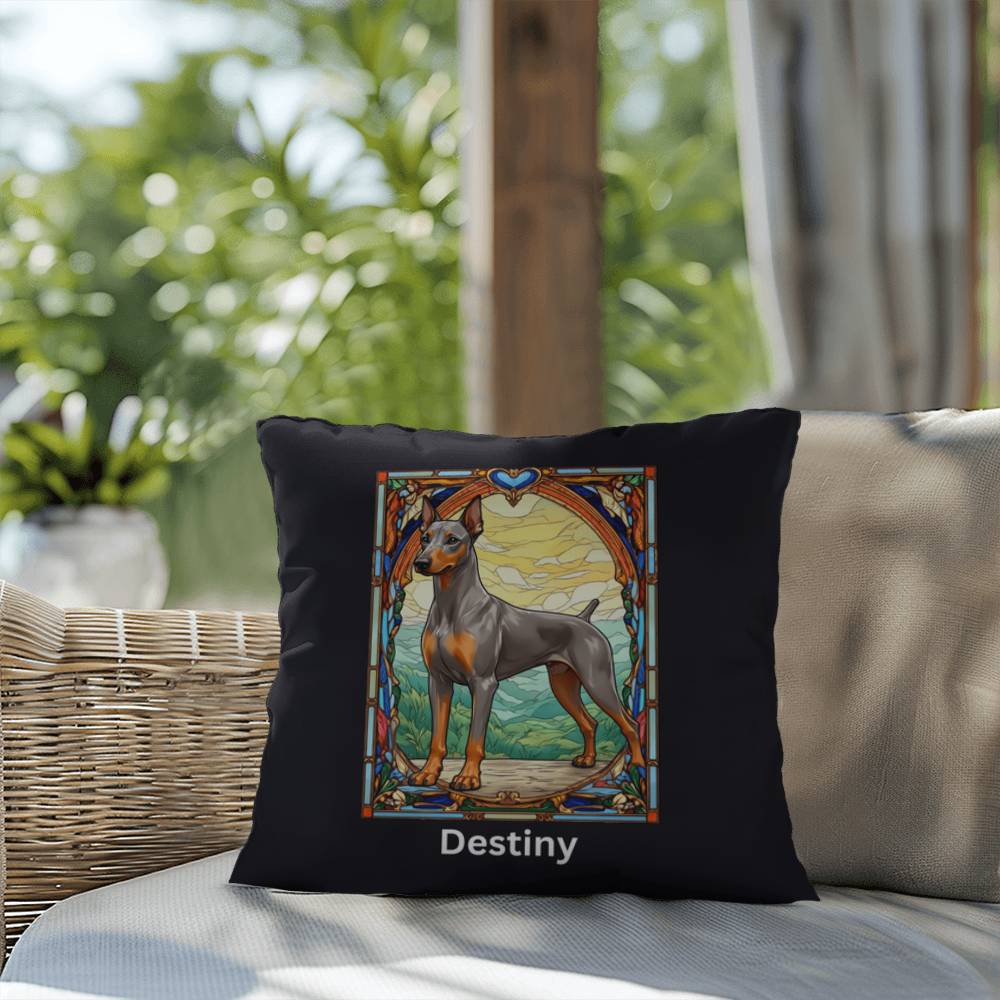Doberman Pinscher (Fawn [Isabella] & Rust) Indoor/Outdoor Pillow - Personalized Stained Glass Dog Tribute & Comfort Gift