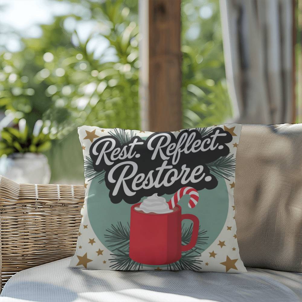Rest. Reflect. Restore Throw Pillow - Peaceful Christmas pillow for rest and mindfulness