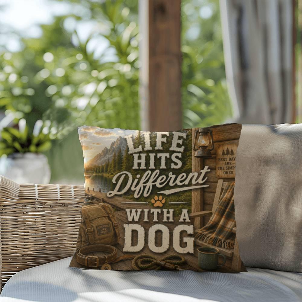 Shop our premium life hits different with a dog throw pillow from MySisterIsASurvivor.
