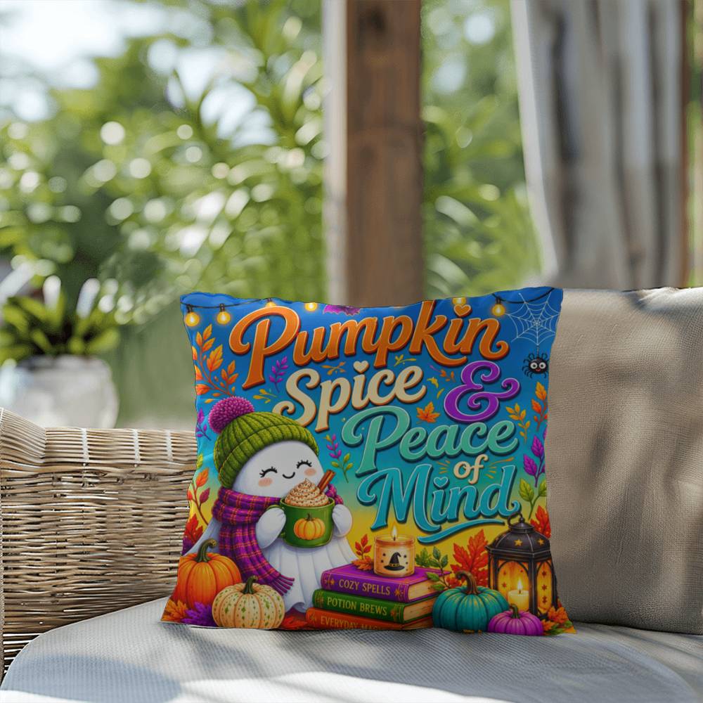 Pumpkin Spice & Peace Of Mind Halloween Throw Pillow - Cozy Ghost Fall Pillow