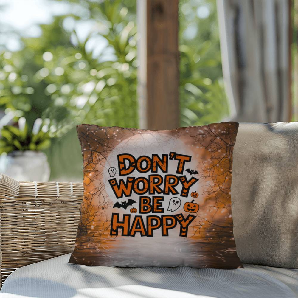 Skeleton-themed Halloween indoor/outdoor pillow with “Don’t Worry Be Happy” for mental health encouragement