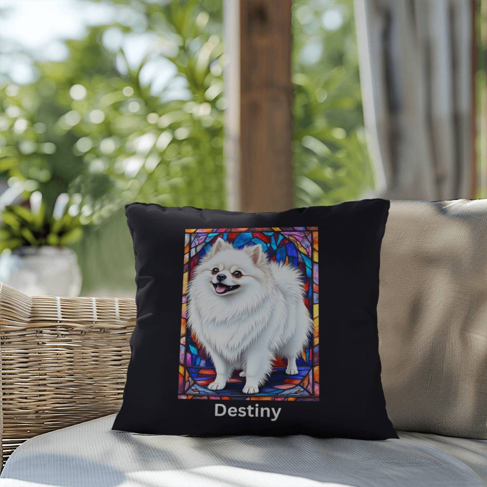Pomeranian (White) Indoor/Outdoor Pillow - Personalized Stained Glass Dog Tribute & Comfort Gift