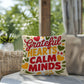 Grateful Hearts, Calm Minds pillow in bright fall tones with Thanksgiving gratitude and mindfulness quote