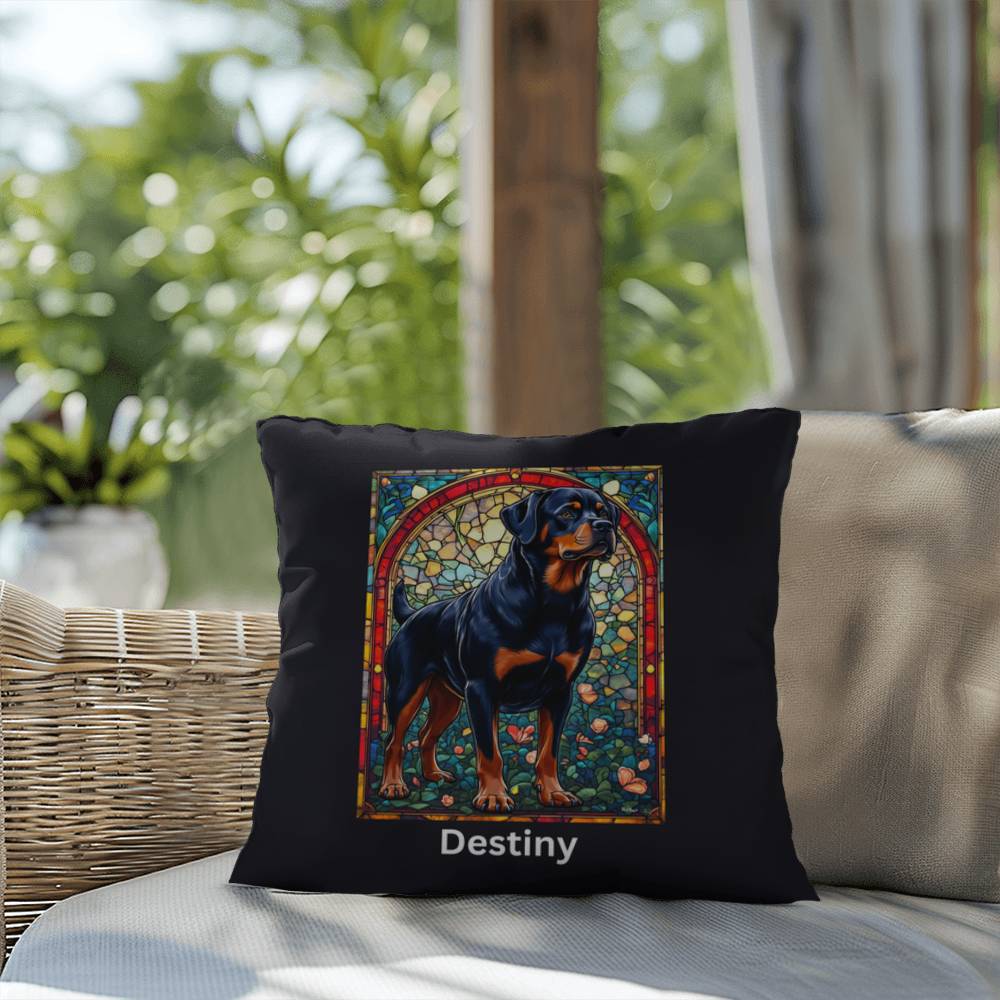 Rottweiler (Black and Mahogany) Indoor/Outdoor Pillow - Personalized Stained Glass Dog Tribute & Comfort Gift