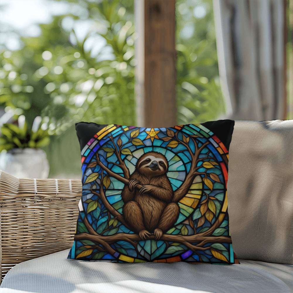 Sloth stained glass throw pillow, jungle animal decor, indoor outdoor cozy home accent