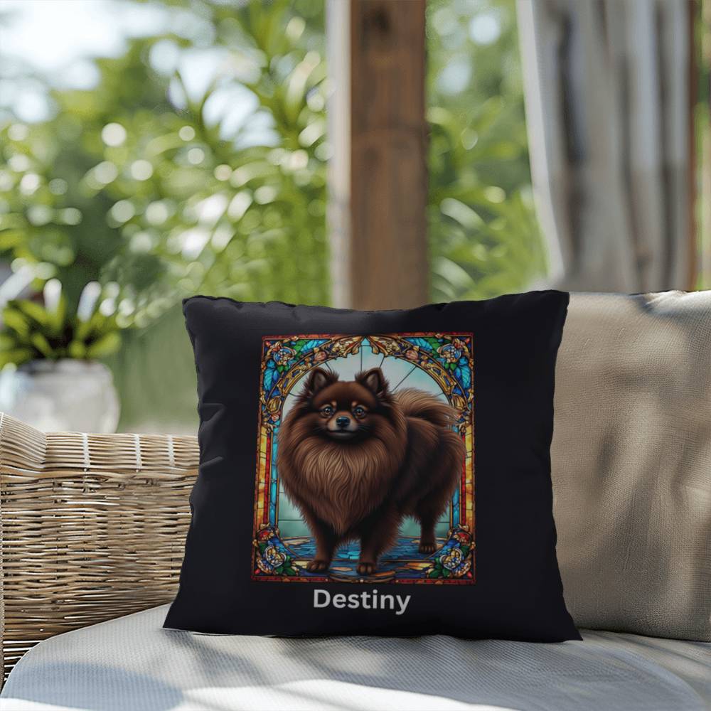 Pomeranian (Chocolate) Indoor/Outdoor Pillow - Personalized Stained Glass Dog Tribute & Comfort Gift