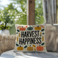Harvest Happiness throw pillow with fall mindfulness quote, cozy colors and seasonal home décor