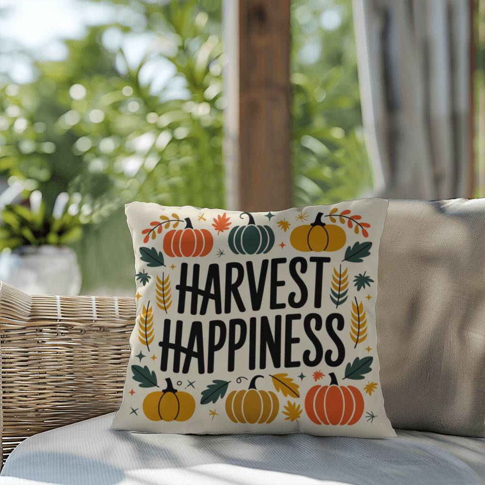 Harvest Happiness throw pillow with fall mindfulness quote, cozy colors and seasonal home décor