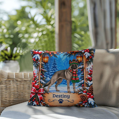 Belgian Malinois (Gray Sable Coat) - Personalized Winter Forest Pillow, Custom Dog Name Gift