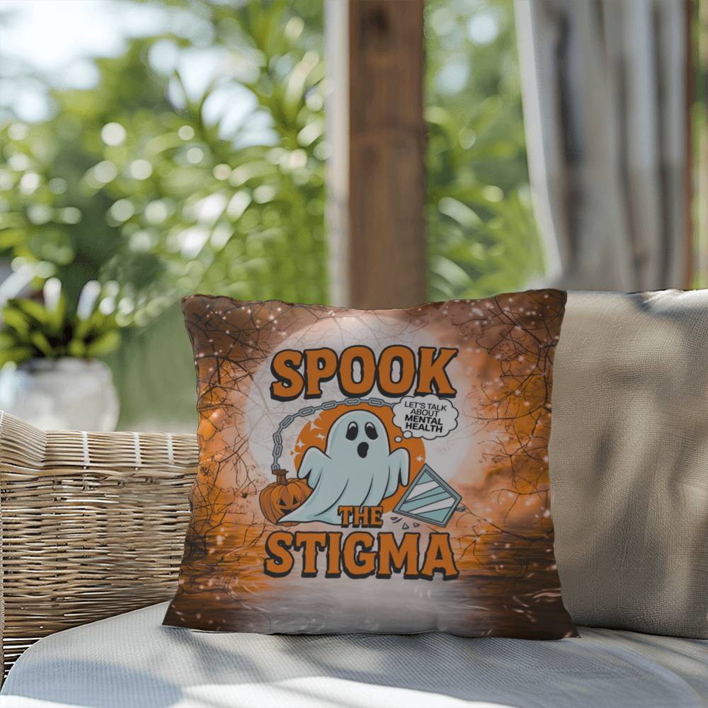 Ghost-themed indoor/outdoor Halloween pillow with “Spook The Stigma” for mental health awareness