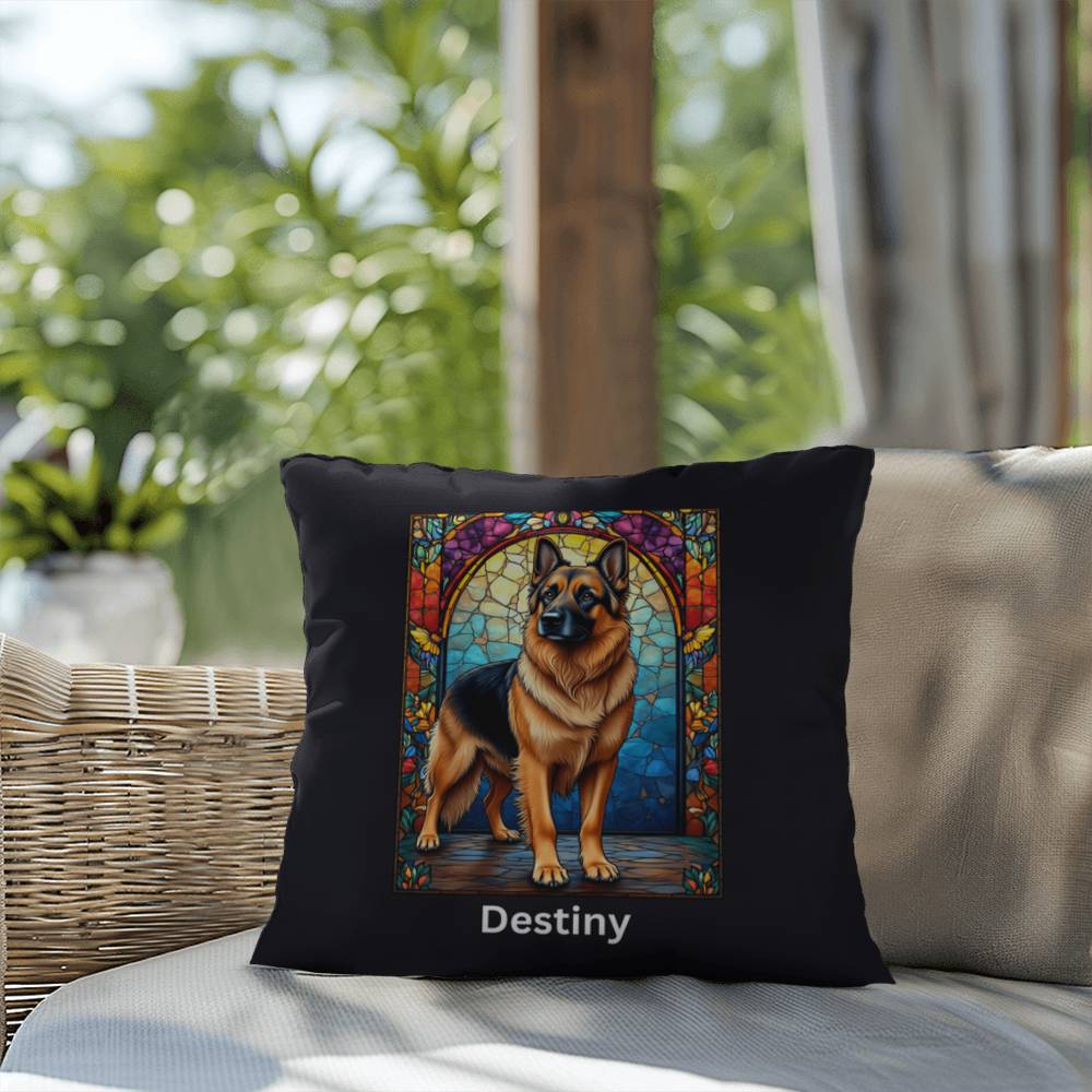 German Shepherd (Black and Tan) Indoor/Outdoor Pillow - Personalized Stained Glass Dog Tribute & Comfort Gift