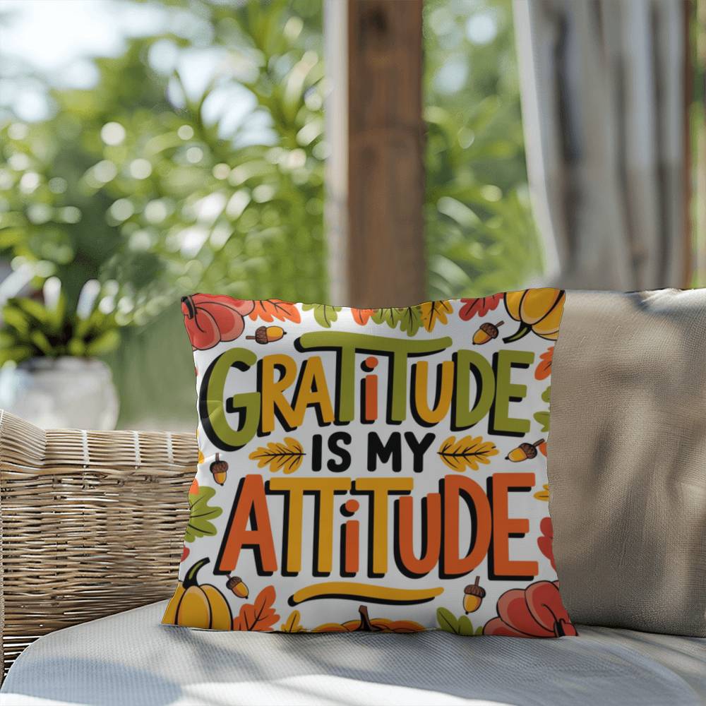 Gratitude Is My Attitude throw pillow with seasonal mindfulness quote and colorful autumn décor accent