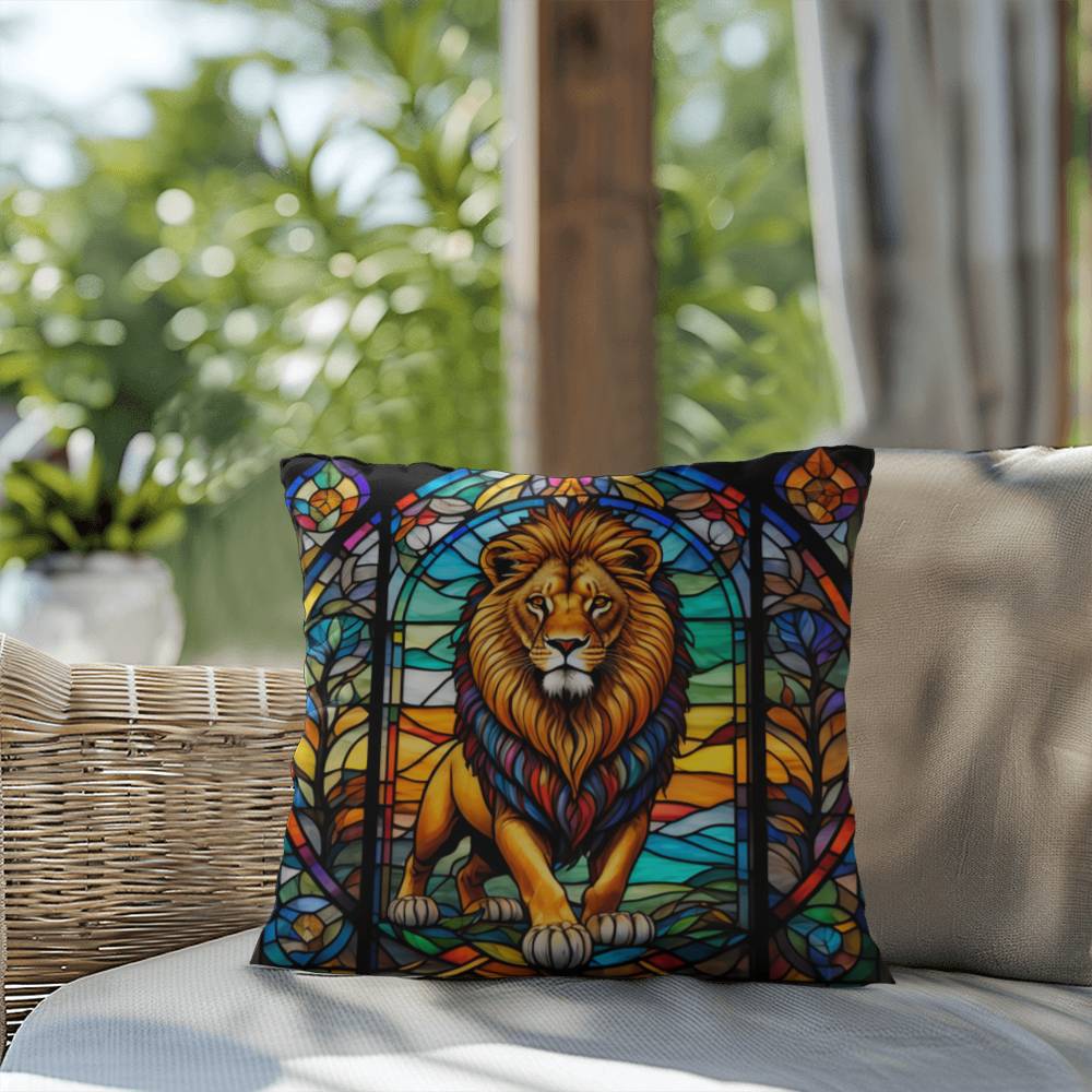 Lion stained glass throw pillow, safari wildlife home decor, indoor outdoor accent cushion