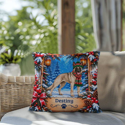 Belgian Malinois (Cream Sable Coat) - Personalized Winter Woodland Pillow, Custom Dog Name Gift