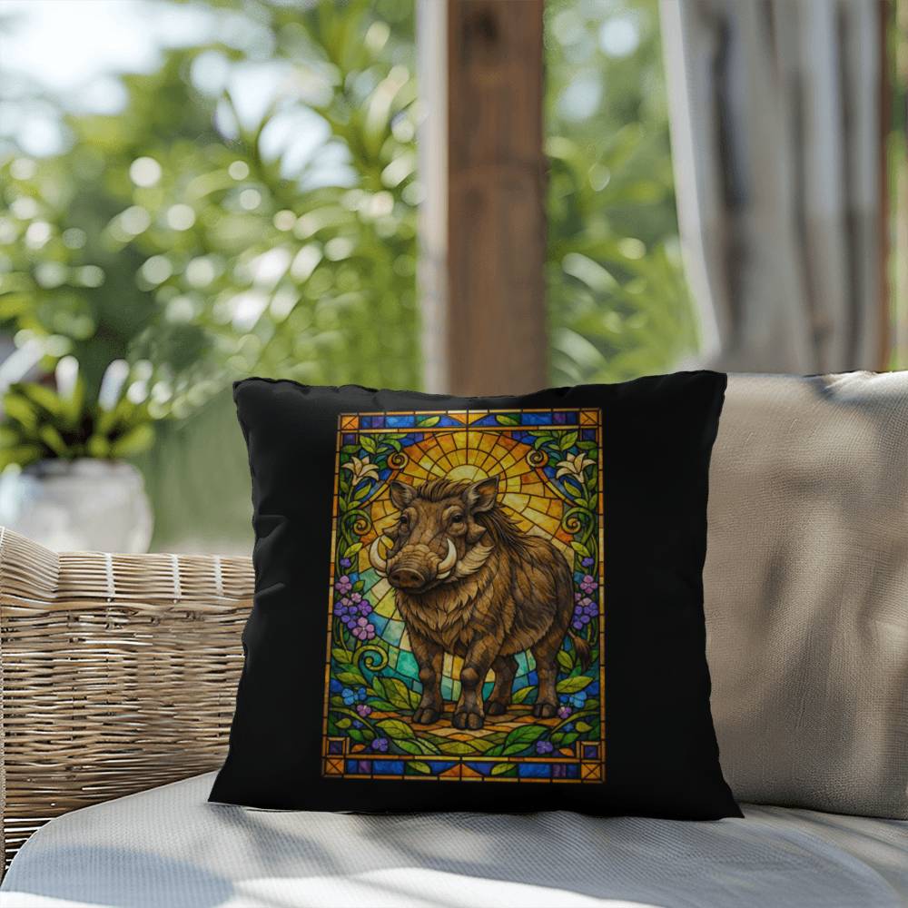 Shop our premium warthog stained glass style throw pillow from MySisterIsASurvivor.