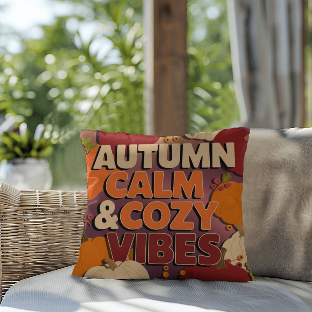 Autumn Calm & Cozy Vibes throw pillow in bright fall colors with mindful quote for Thanksgiving home décor