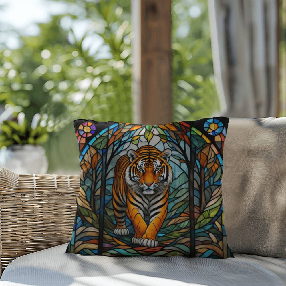 Tiger stained glass throw pillow, jungle wildlife decor, indoor outdoor accent pillow