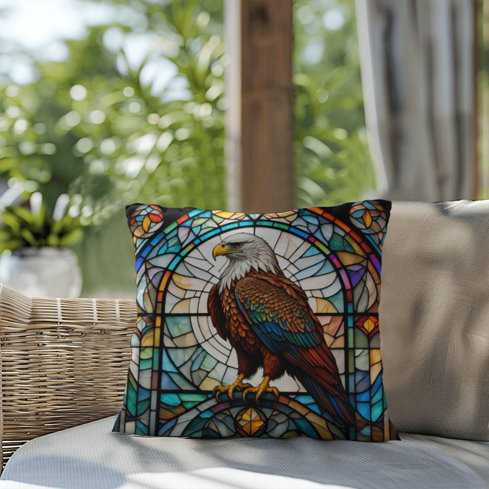 Eagle stained glass throw pillow, birds of prey wildlife decor, indoor outdoor home accent