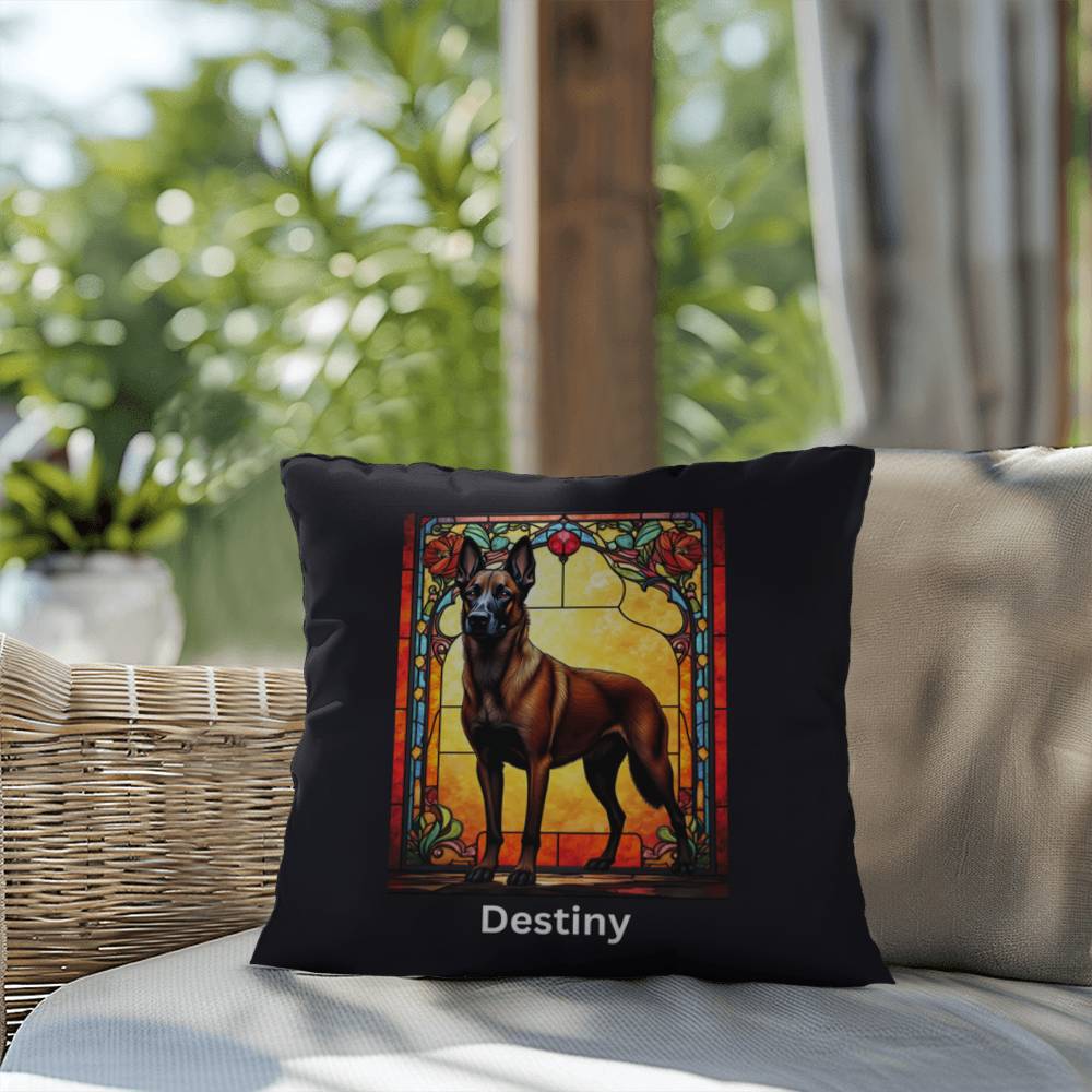 Belgian Malinois (Red Sable) Indoor/Outdoor Pillow - Personalized Stained Glass Dog Tribute & Comfort Gift