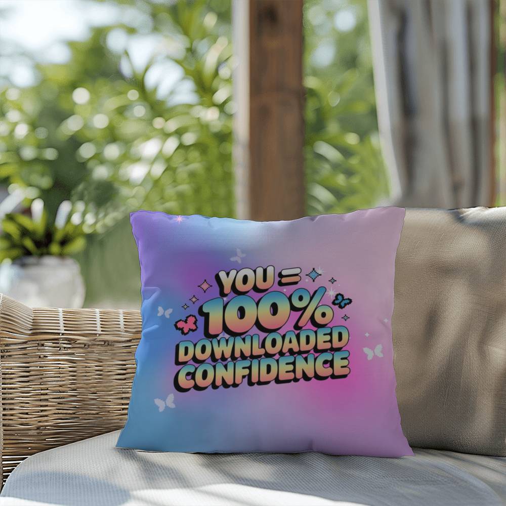 "100% Downloaded Confidence" statement pillow with customizable Y2K design and sparkly digital visuals in a soothing palette