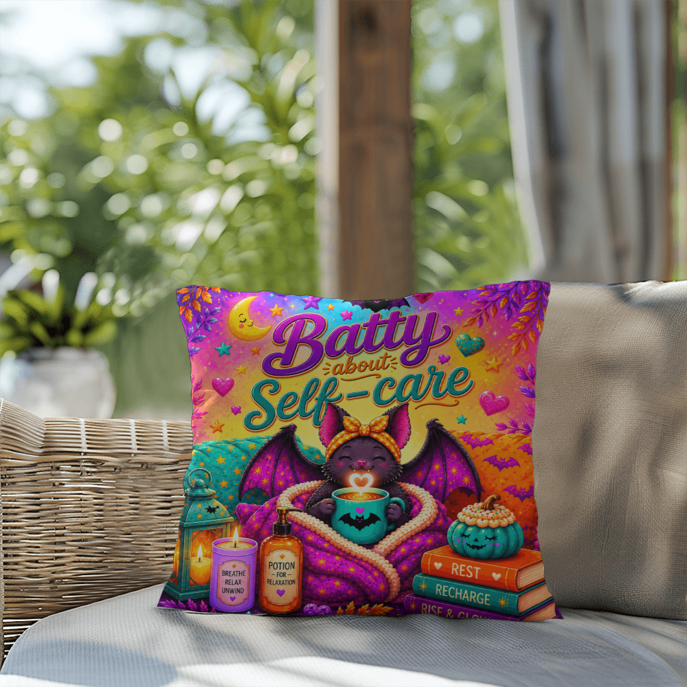 Batty About Self-Care quote with smiling bat illustration on a Halloween pillow focused on daily wellness
