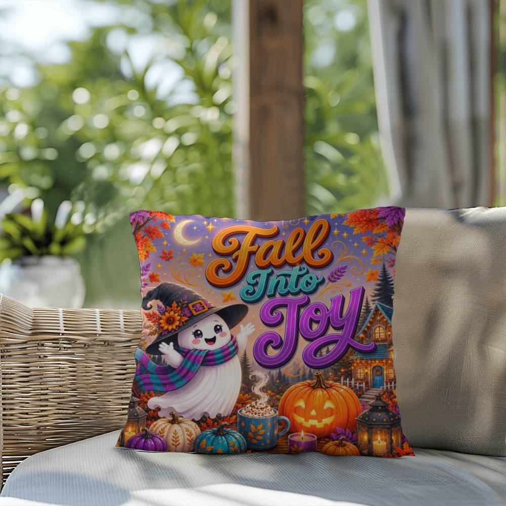 Fall Into Joy Halloween Throw Pillow - Cute Witch Ghost Pumpkin Spice Pillow