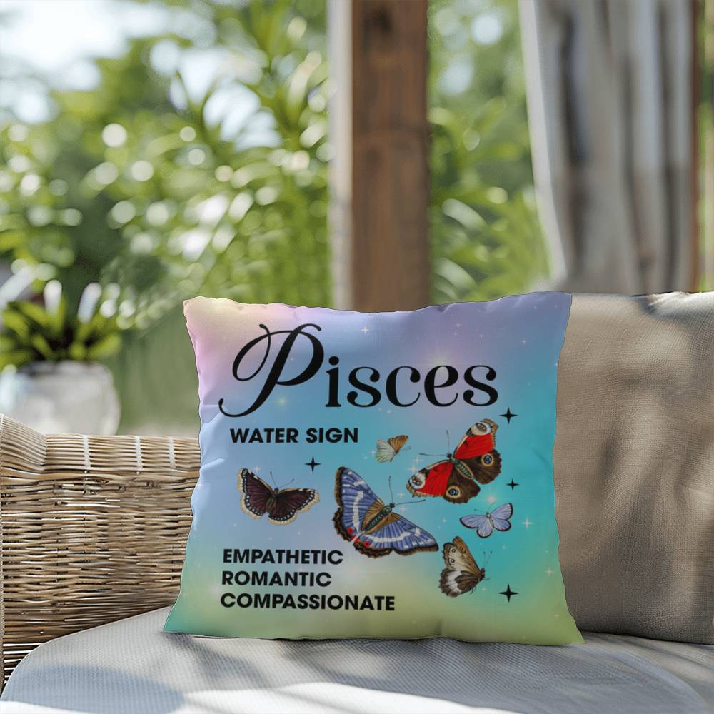 Pisces Butterfly Indoor/Outdoor Pillow – Zodiac Astrology Decor, Boho Accent for Home & Patio