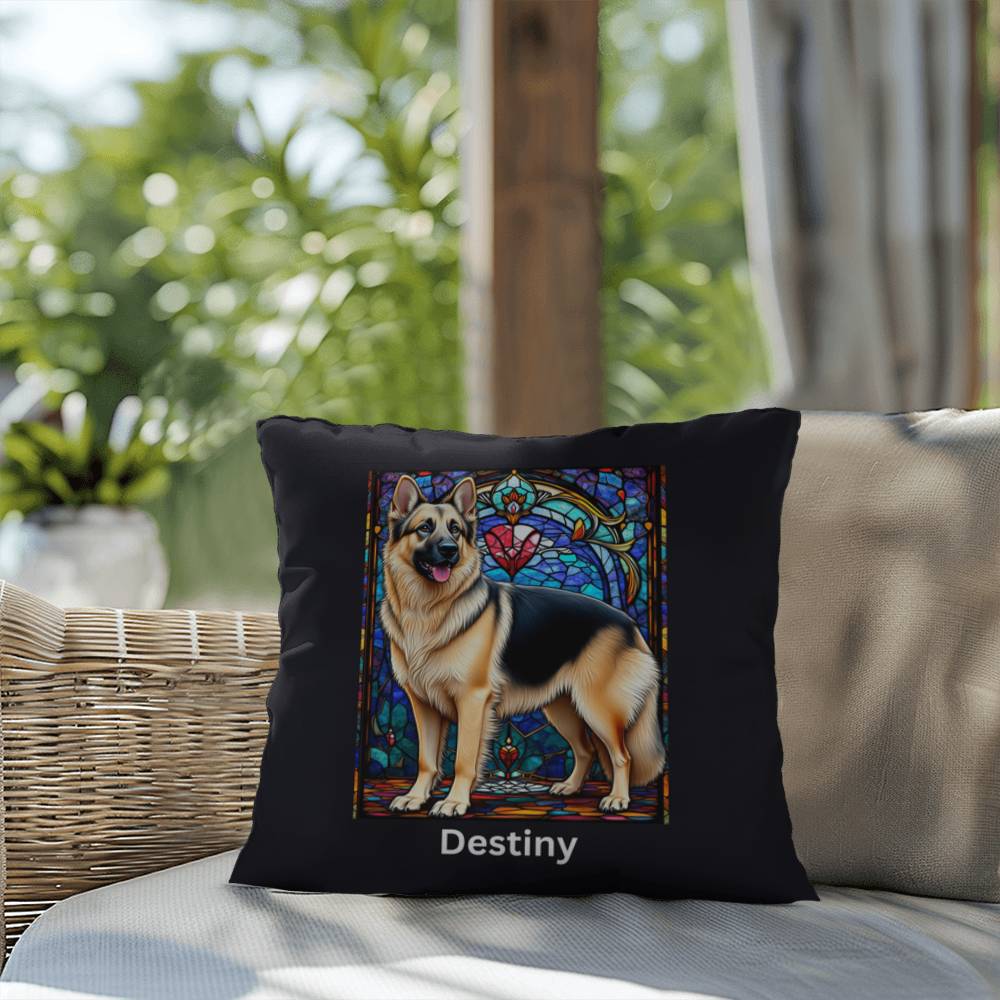 German Shepherd (Black and Cream) Indoor/Outdoor Pillow - Personalized Stained Glass Dog Tribute & Comfort Gift
