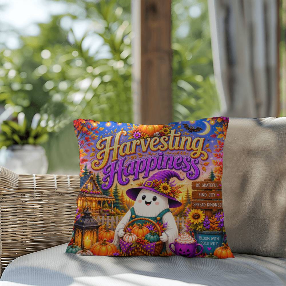 Harvesting Happiness quote with autumn harvest artwork on a Halloween throw pillow promoting gratitude