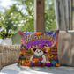 Harvesting Happiness quote with autumn harvest artwork on a Halloween throw pillow promoting gratitude