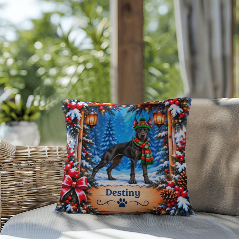 Doberman (Black Coat) - Personalized Snowy Forest Throw Pillow for Doberman Lovers