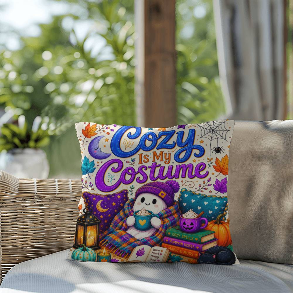 Cozy Is My Costume saying with ghost artwork on a Halloween throw pillow inspired by autumn comfort