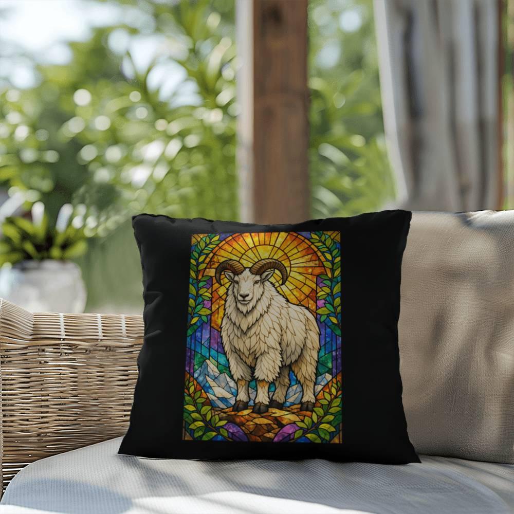 Shop our premium mountain goat stained glass style throw pillow from MySisterIsASurvivor.