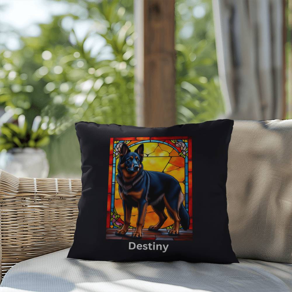 German Shepherd (Black and Red) Indoor/Outdoor Pillow - Personalized Stained Glass Dog Tribute & Comfort Gift