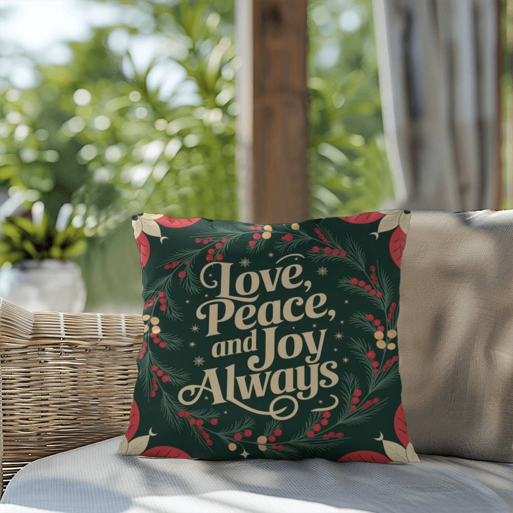Love, Peace, and Joy Always Throw Pillow - Calm Christmas décor for mindfulness and comfort