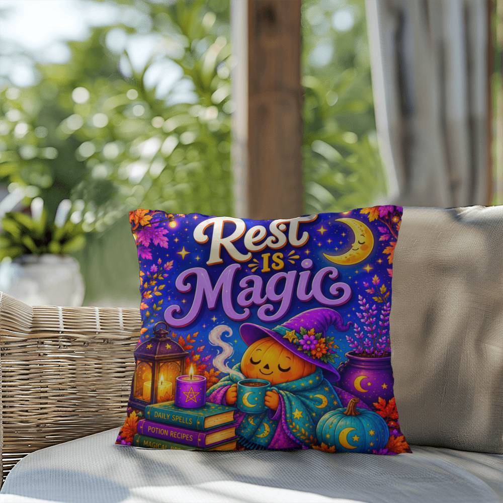 Rest Is Magic Halloween Throw Pillow - Self Care Pumpkin Witch Moon Pillow