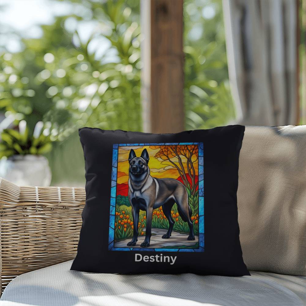 Belgian Malinois (Gray Sable) Indoor/Outdoor Pillow - Personalized Stained Glass Dog Tribute & Comfort Gift