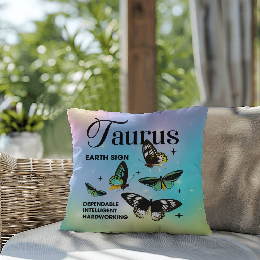 Taurus Butterfly Indoor/Outdoor Pillow – Zodiac Astrology Decor, Boho Accent for Home & Patio