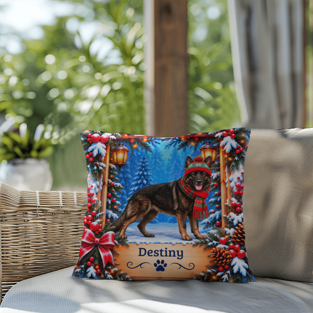 German Shepherd (Dark Sable Coat) - Personalized Woodland Name Pillow, Winter Gift for GSD Owners
